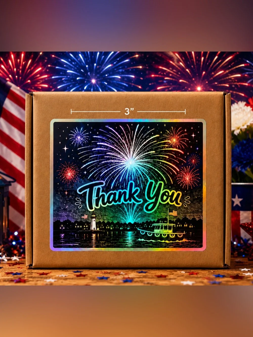 Patriotic Holographic Fireworks Thank You Stickers 3”x3”-100ct. New
